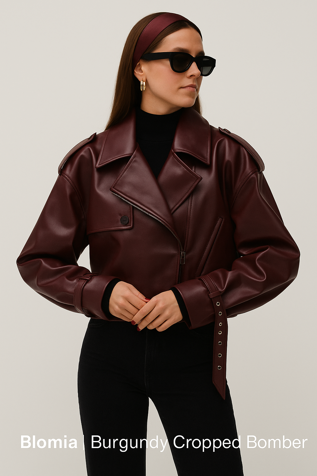 Blomia Cropped Faux Leather Bomber – Burgundy Edition