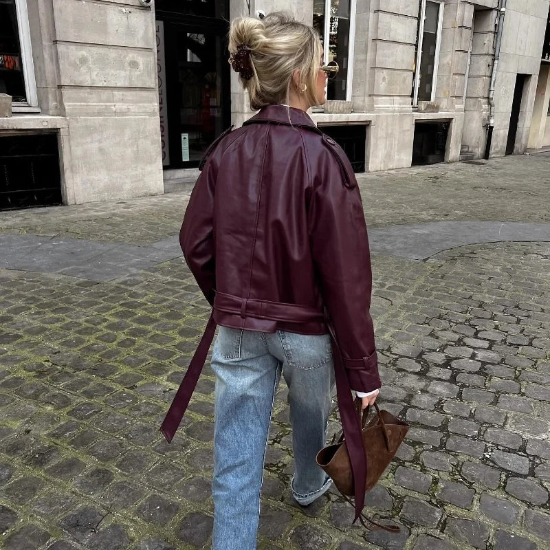 Blomia Cropped Faux Leather Bomber – Burgundy Edition