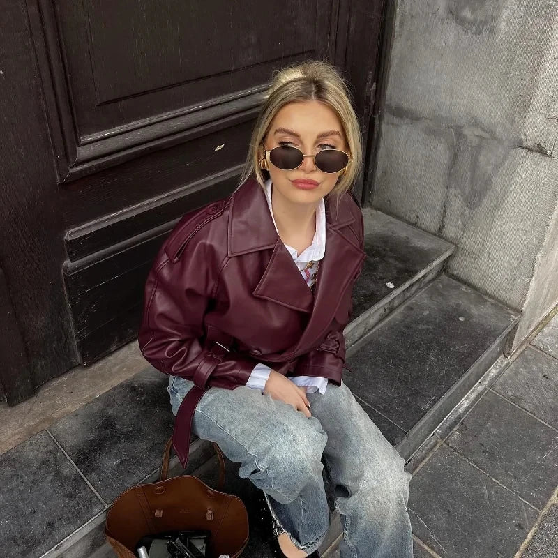 Blomia Cropped Faux Leather Bomber – Burgundy Edition