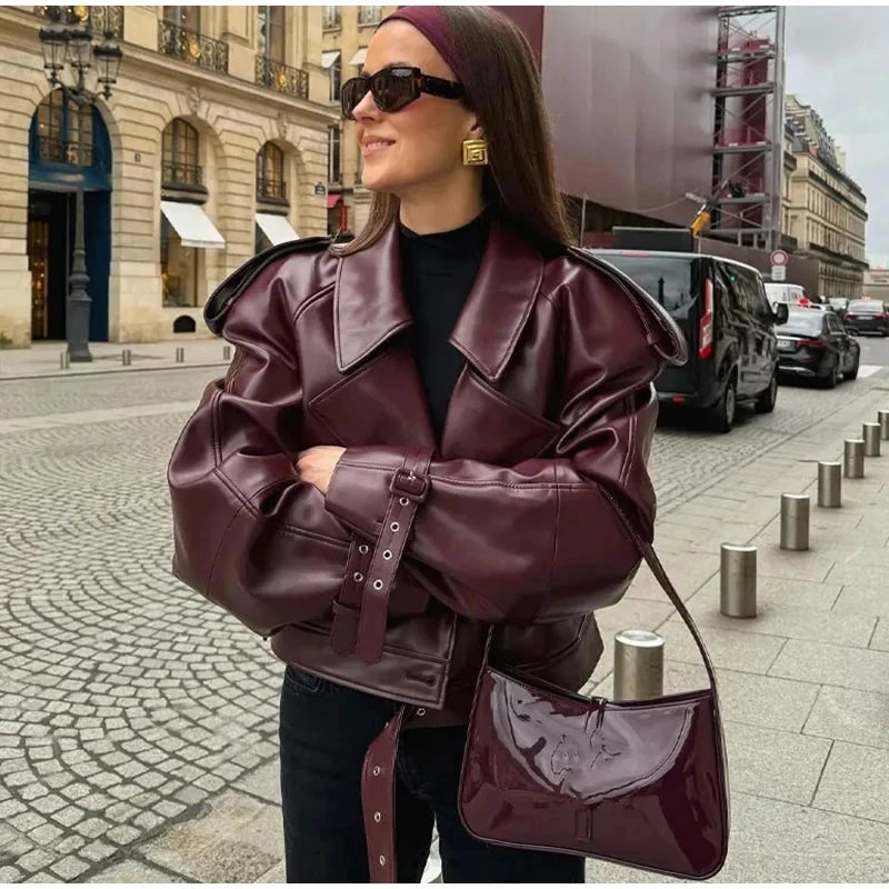 Blomia Cropped Faux Leather Bomber – Burgundy Edition